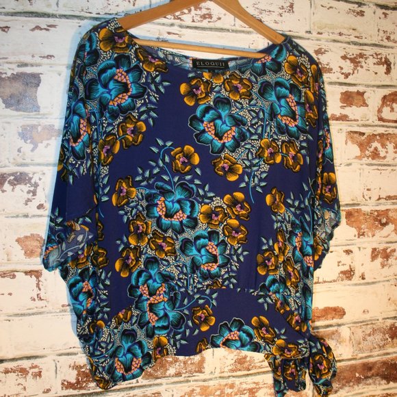 Eloquii Plus Blue Floral Side Waist Tie Blouse - Picture 4 of 7